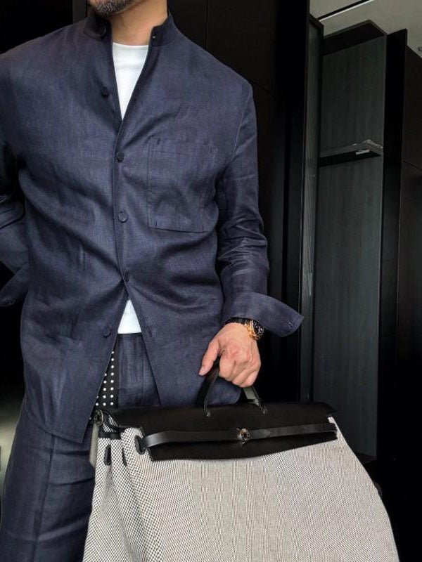 Chemise homme à manches longues avec col mandarin en lin léger blanc éclatant - IVOIRART.COM