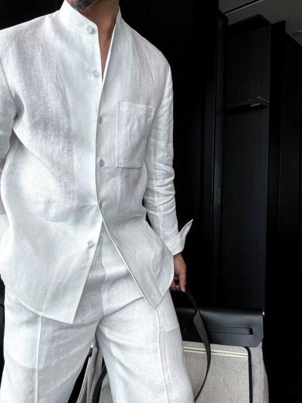 Chemise homme à manches longues avec col mandarin en lin léger blanc éclatant - IVOIRART.COM
