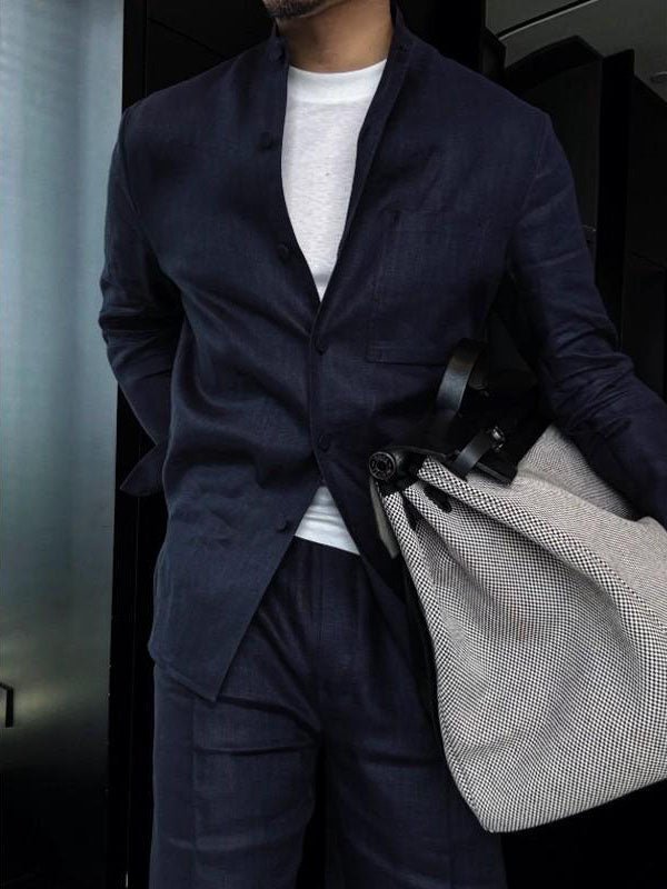 Chemise homme à manches longues avec col mandarin en lin léger blanc éclatant - IVOIRART.COM