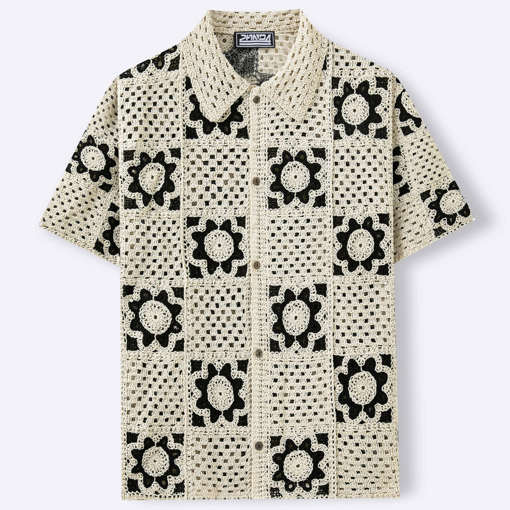 Chemise Homme d'Été à Manches Courtes en Crochet Ajourné Style Plaid Abricot - IVOIRART.COM