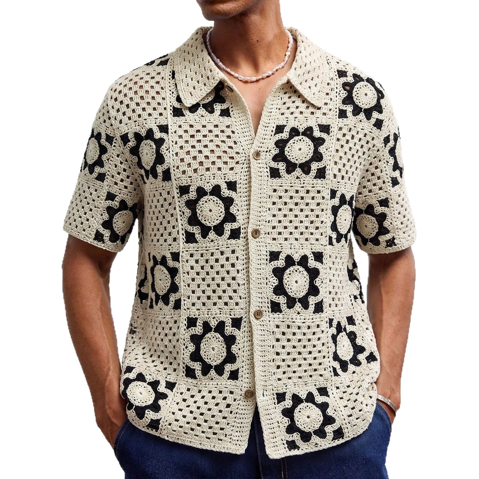 Chemise Homme d'Été à Manches Courtes en Crochet Ajourné Style Plaid Abricot - IVOIRART.COM