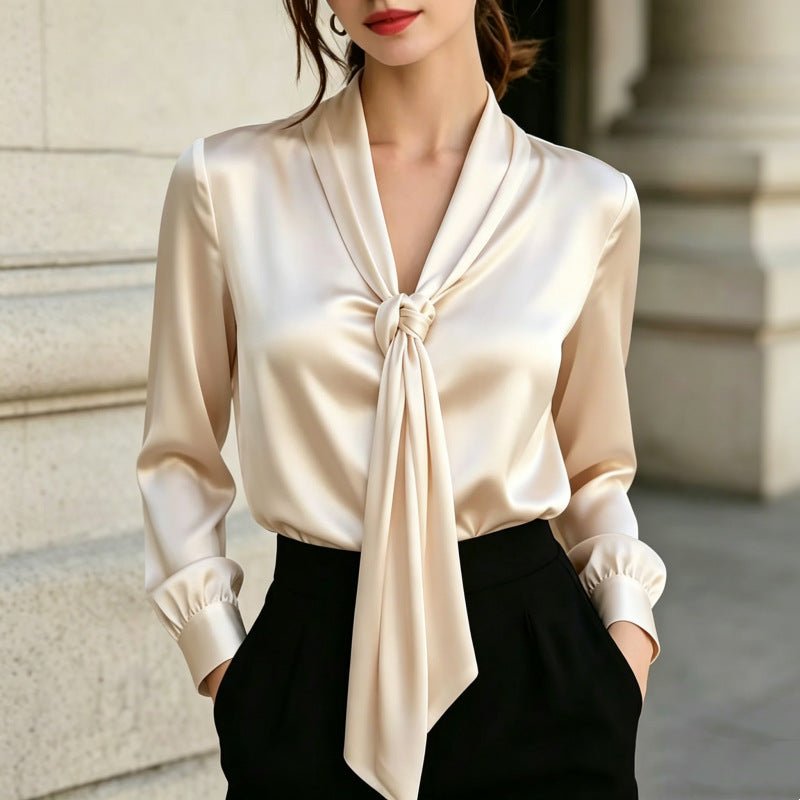 Chemisier en satin à nouer col V pour femme, manches longues, élégant et raffiné - IVOIRART.COM