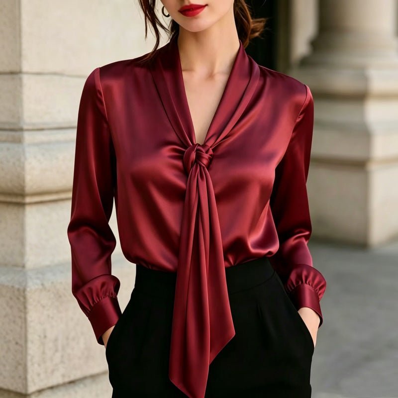 Chemisier en satin à nouer col V pour femme, manches longues, élégant et raffiné - IVOIRART.COM
