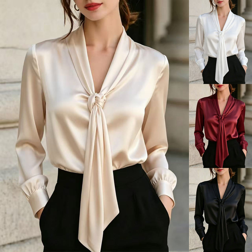 Chemisier en satin à nouer col V pour femme, manches longues, élégant et raffiné - IVOIRART.COM
