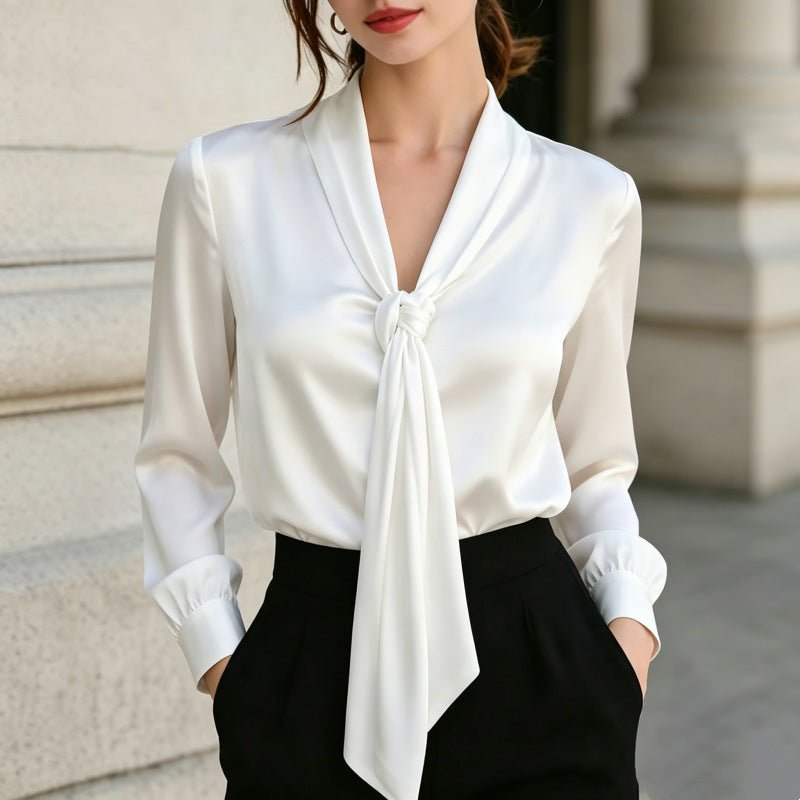 Chemisier en satin à nouer col V pour femme, manches longues, élégant et raffiné - IVOIRART.COM