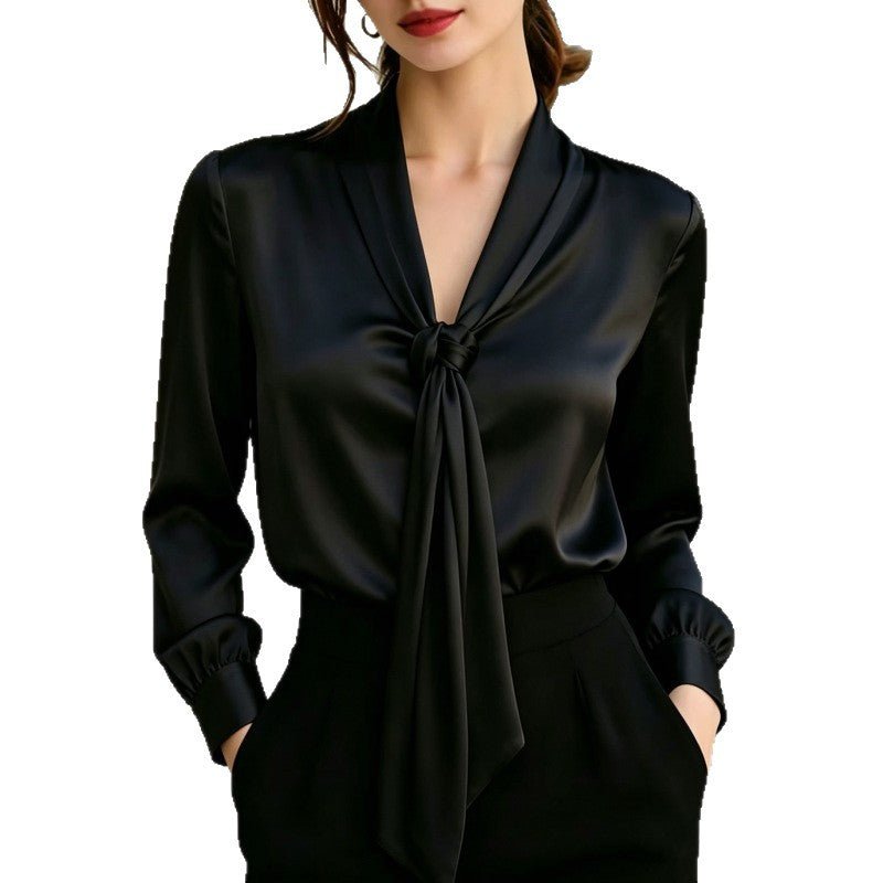 Chemisier en satin à nouer col V pour femme, manches longues, élégant et raffiné - IVOIRART.COM
