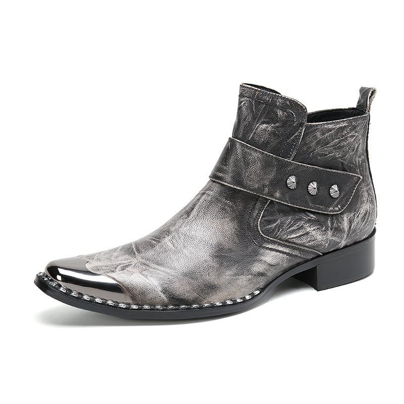Chunky Heel Cowhide Gray Lace-up Motorcycle Boots Hairstylist Leather Boots - IVOIRART.COM