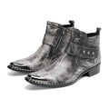 Chunky Heel Cowhide Gray Lace-up Motorcycle Boots Hairstylist Leather Boots - IVOIRART.COM