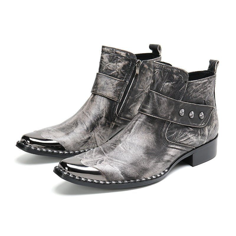 Chunky Heel Cowhide Gray Lace-up Motorcycle Boots Hairstylist Leather Boots - IVOIRART.COM