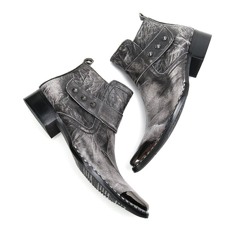 Chunky Heel Cowhide Gray Lace-up Motorcycle Boots Hairstylist Leather Boots - IVOIRART.COM