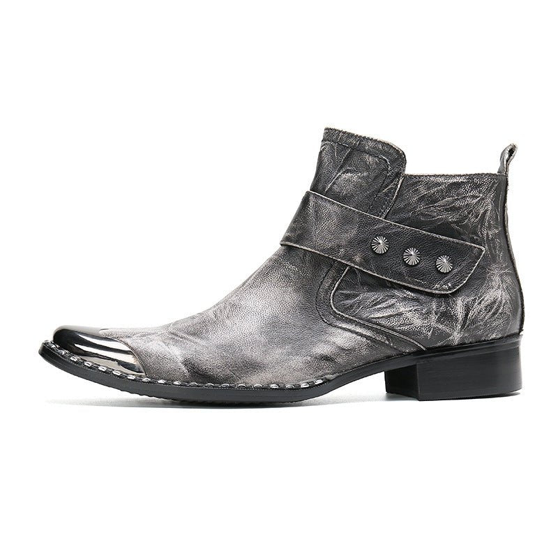 Chunky Heel Cowhide Gray Lace-up Motorcycle Boots Hairstylist Leather Boots - IVOIRART.COM