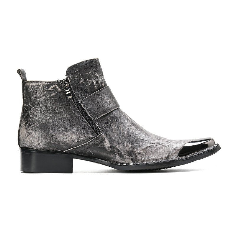 Chunky Heel Cowhide Gray Lace-up Motorcycle Boots Hairstylist Leather Boots - IVOIRART.COM