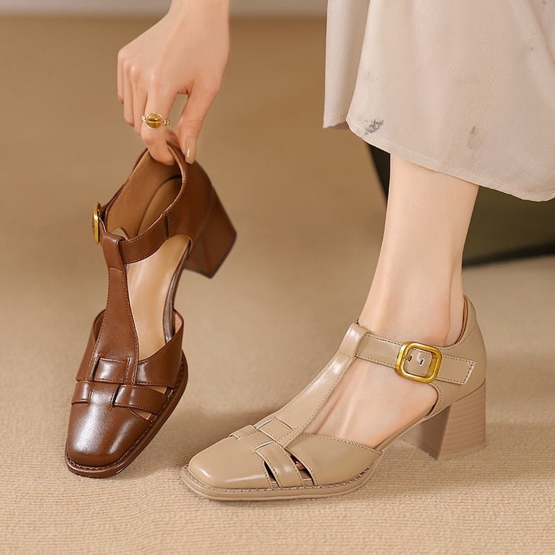Chunky-heeled High Heel Genuine LeatherSquare-toe Womens Shoes French Vintage Style - IVOIRART.COM