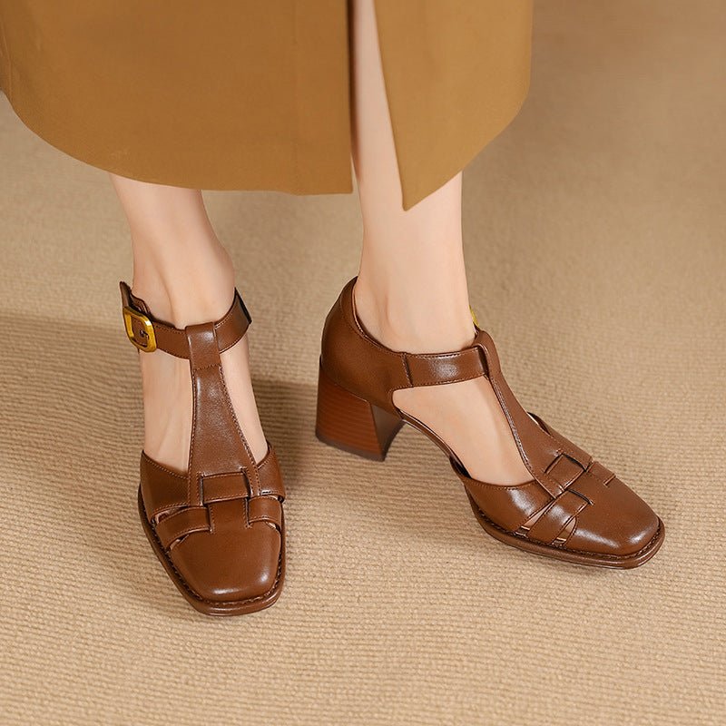 Chunky-heeled High Heel Genuine LeatherSquare-toe Womens Shoes French Vintage Style - IVOIRART.COM