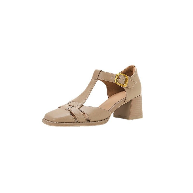 Chunky-heeled High Heel Genuine LeatherSquare-toe Womens Shoes French Vintage Style - IVOIRART.COM