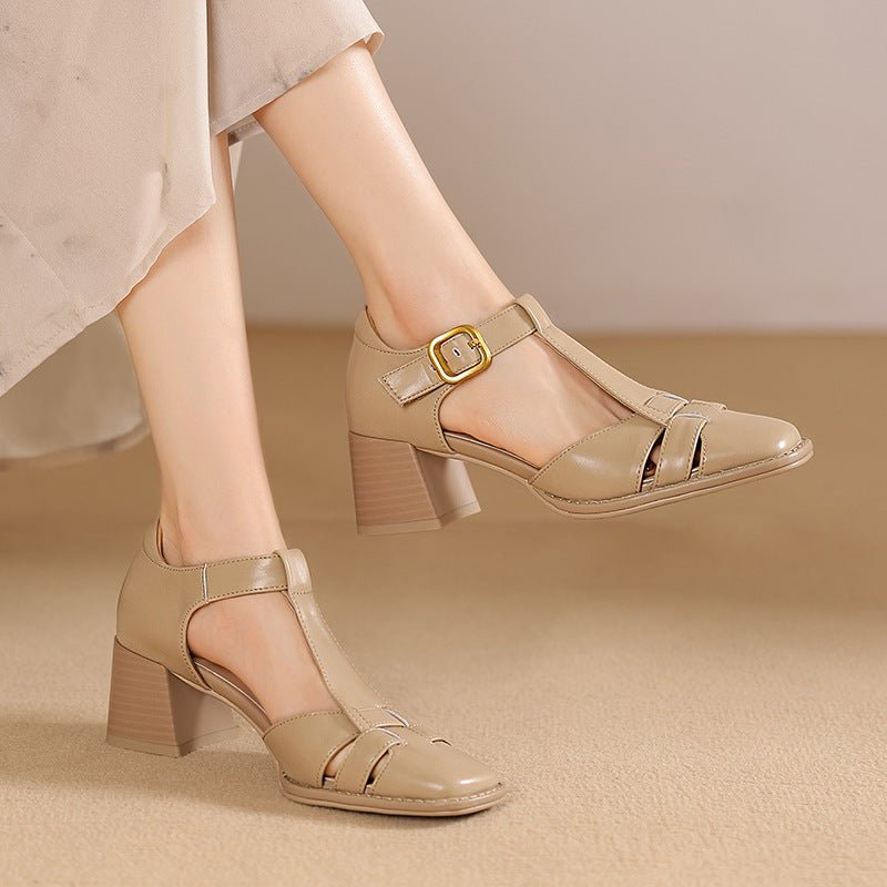 Chunky-heeled High Heel Genuine LeatherSquare-toe Womens Shoes French Vintage Style - IVOIRART.COM