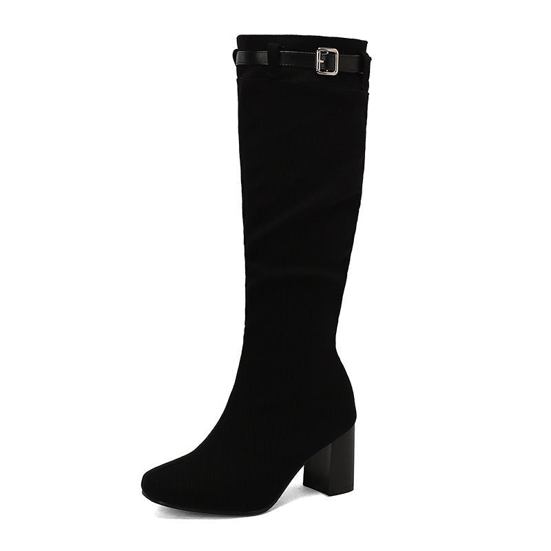 Chunky-heeled Over-the-knee Boots With Color-block Leather Belt Buckle - IVOIRART.COM