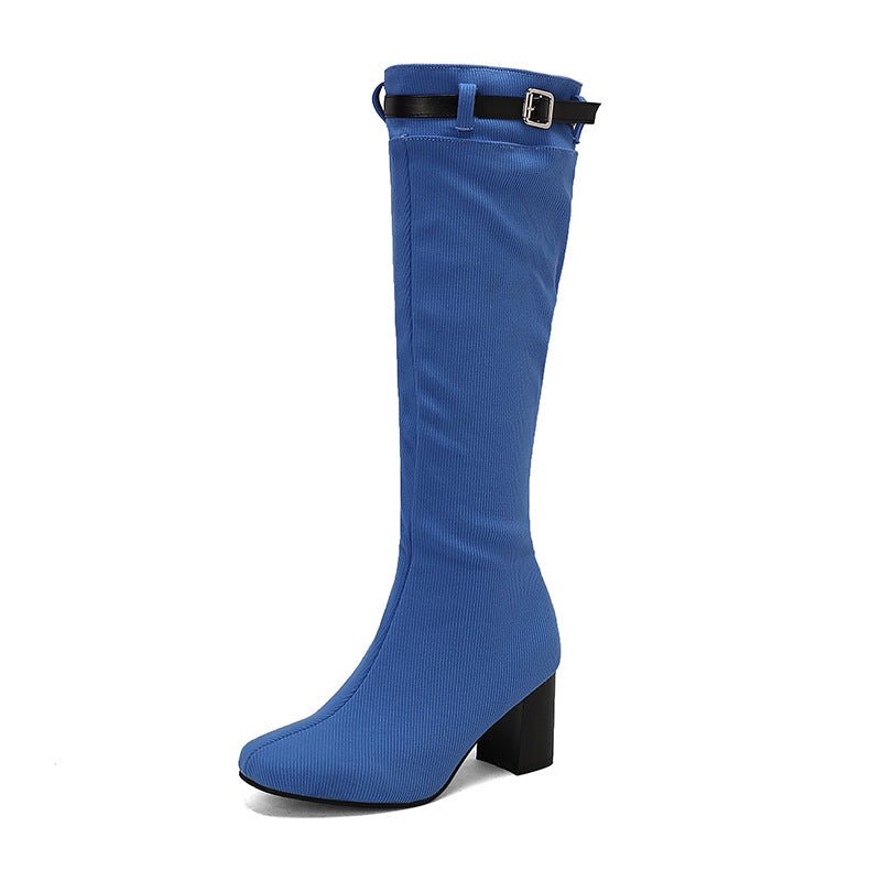 Chunky-heeled Over-the-knee Boots With Color-block Leather Belt Buckle - IVOIRART.COM