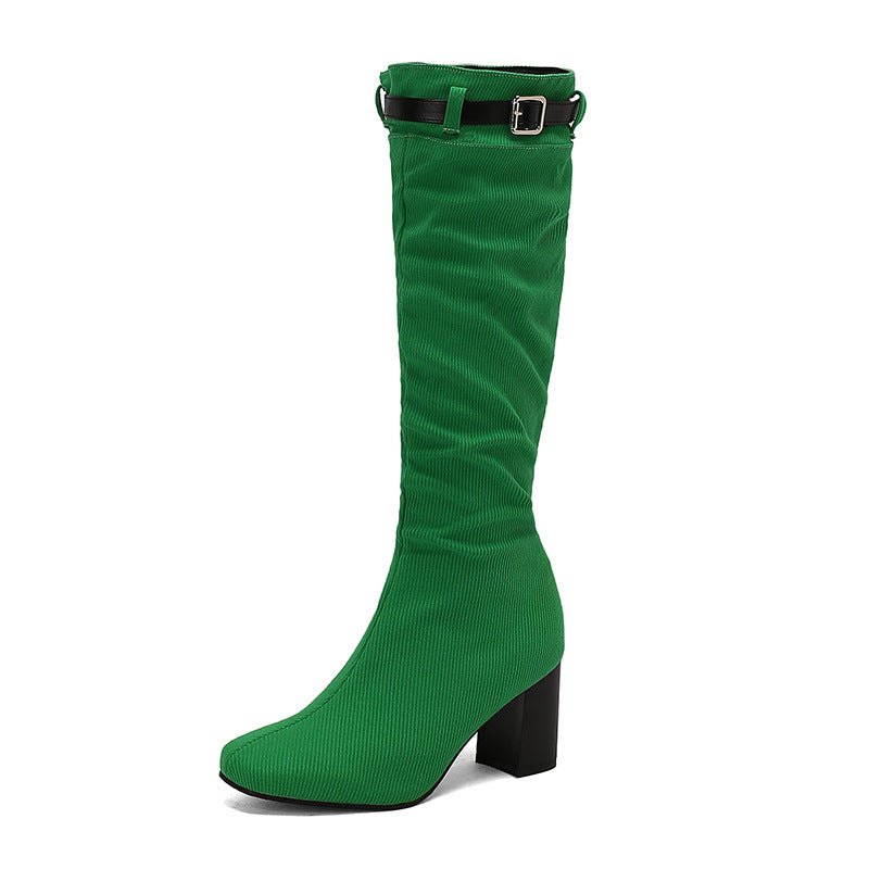 Chunky-heeled Over-the-knee Boots With Color-block Leather Belt Buckle - IVOIRART.COM