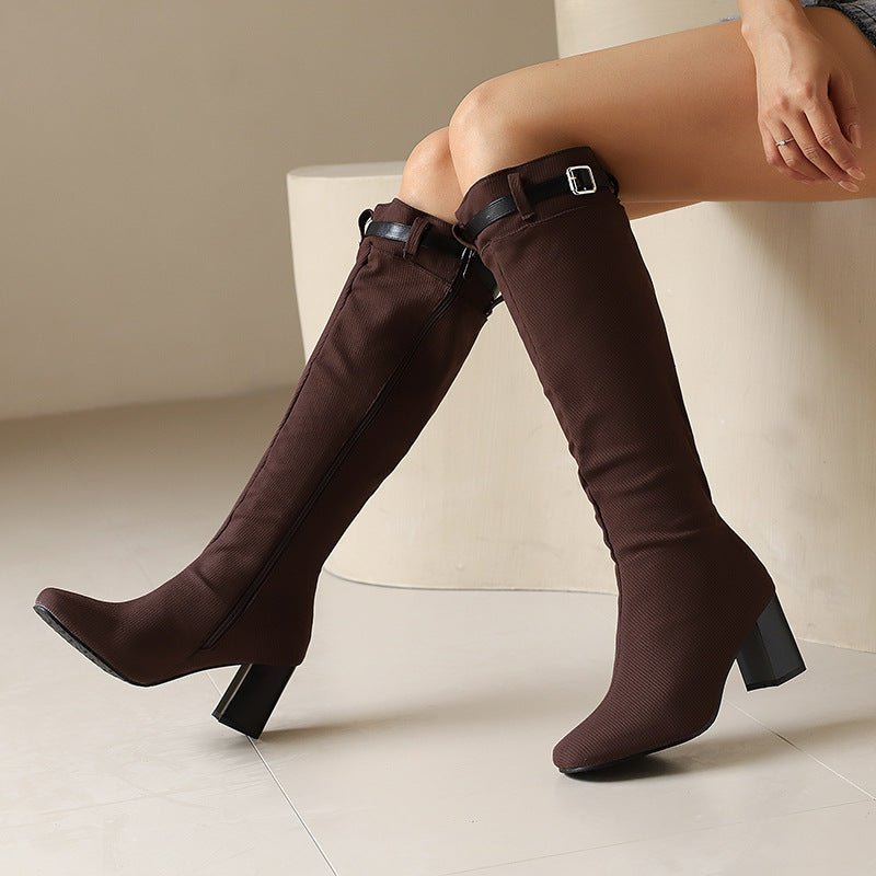 Chunky-heeled Over-the-knee Boots With Color-block Leather Belt Buckle - IVOIRART.COM