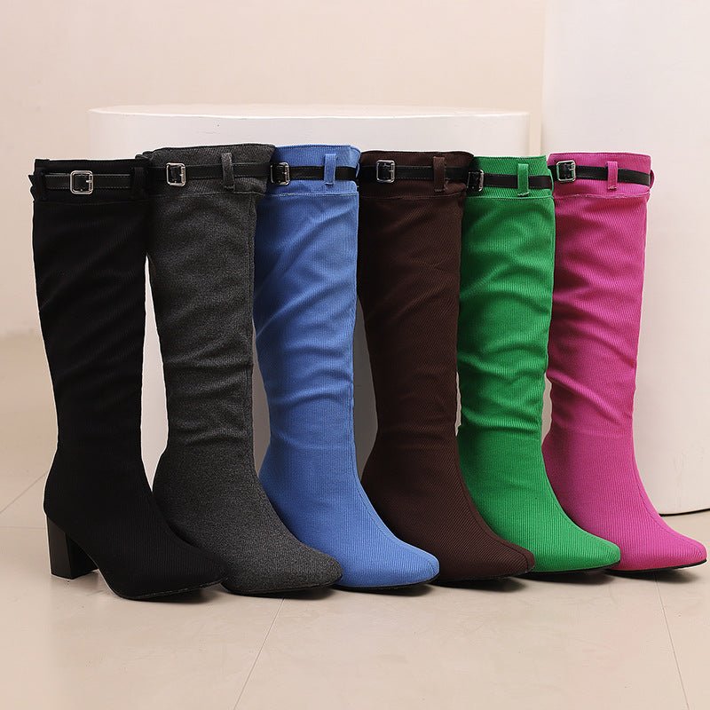 Chunky-heeled Over-the-knee Boots With Color-block Leather Belt Buckle - IVOIRART.COM