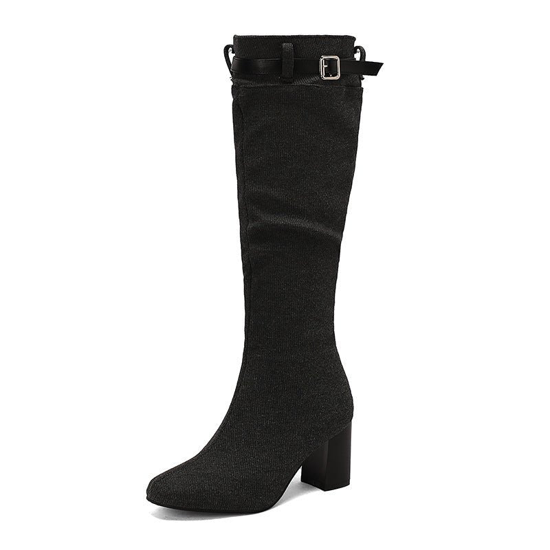 Chunky-heeled Over-the-knee Boots With Color-block Leather Belt Buckle - IVOIRART.COM