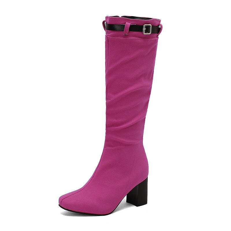 Chunky-heeled Over-the-knee Boots With Color-block Leather Belt Buckle - IVOIRART.COM
