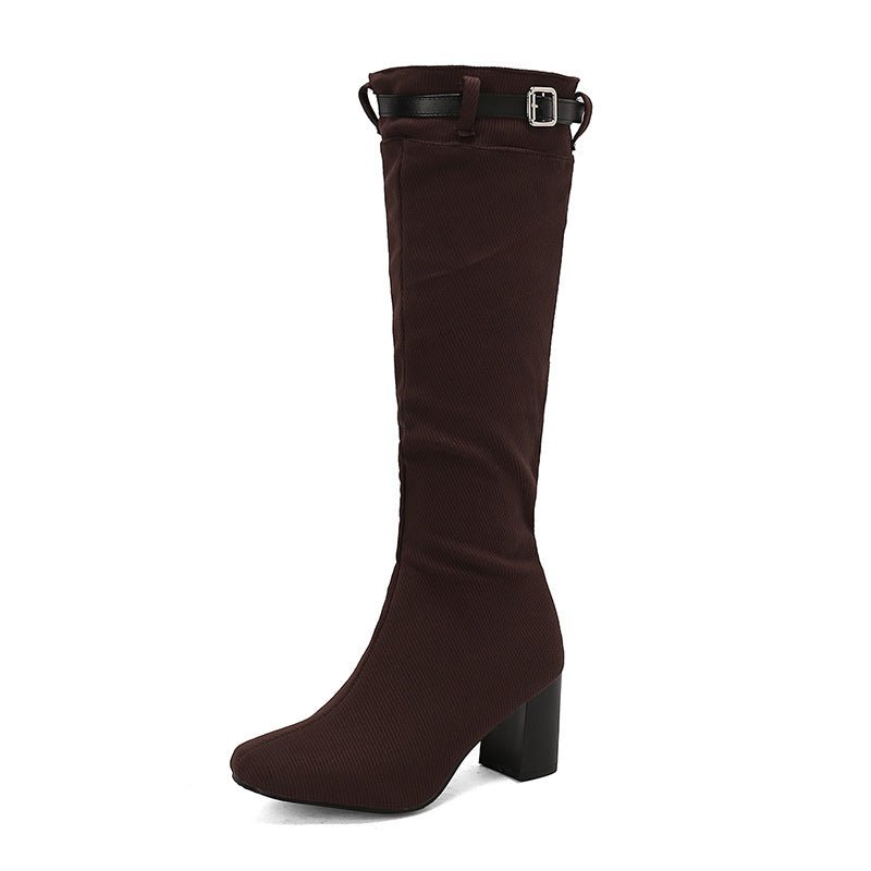 Chunky-heeled Over-the-knee Boots With Color-block Leather Belt Buckle - IVOIRART.COM
