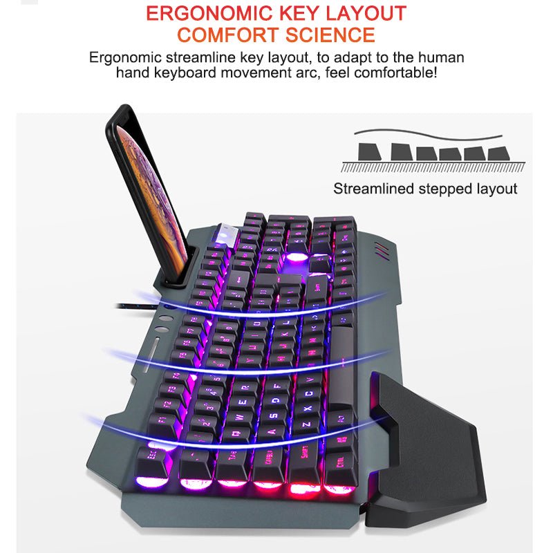 Clavier de jeu ergonomique filaire avec rétroéclairage RGB et support téléphone - IVOIRART.COM