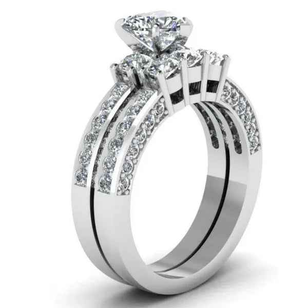 Coktail Ring S925 Silver 1ct Heart Shape AAA Zircon Three - Stone Round CZ Women's Wedding Ring Sets GIfts Sz 6 - 9 - IVOIRART.COM