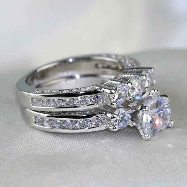 Coktail Ring S925 Silver 1ct Heart Shape AAA Zircon Three - Stone Round CZ Women's Wedding Ring Sets GIfts Sz 6 - 9 - IVOIRART.COM