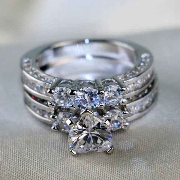 Coktail Ring S925 Silver 1ct Heart Shape AAA Zircon Three - Stone Round CZ Women's Wedding Ring Sets GIfts Sz 6 - 9 - IVOIRART.COM