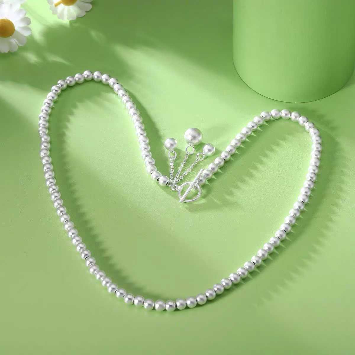 Collier à pampilles avec fermoir OT perlé en argent sterling 925, style minimaliste, pour un port quotidien décontracté et cadeau femme - IVOIRART.COM
