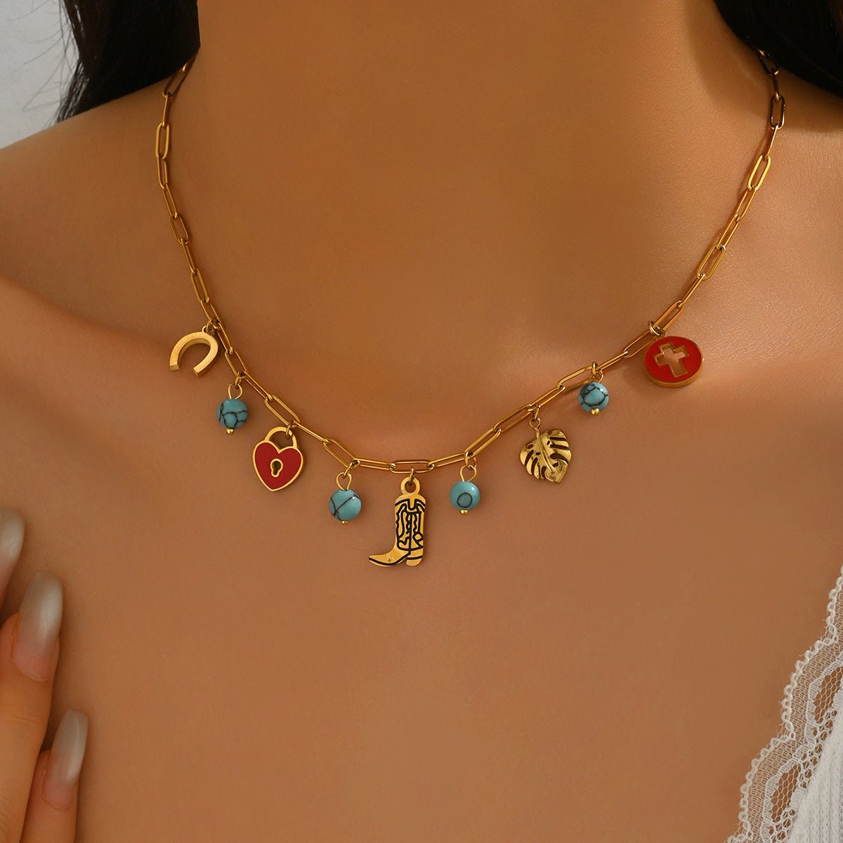 Collier Clavicule Femme Européen-Américain Tendance Émail Géométrique Turquoise - IVOIRART.COM