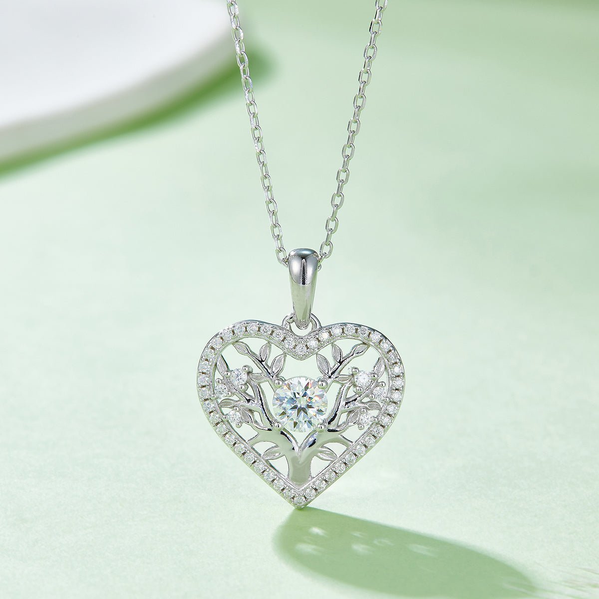 Collier Cœur Arbre de Vie en Argent Sterling S925 4,4g avec Pierre Centrale 5mm Moissanite 42 Pierres Certifié GRA, Plaqué Platine, Coffret Cadeau Romantique - IVOIRART.COM