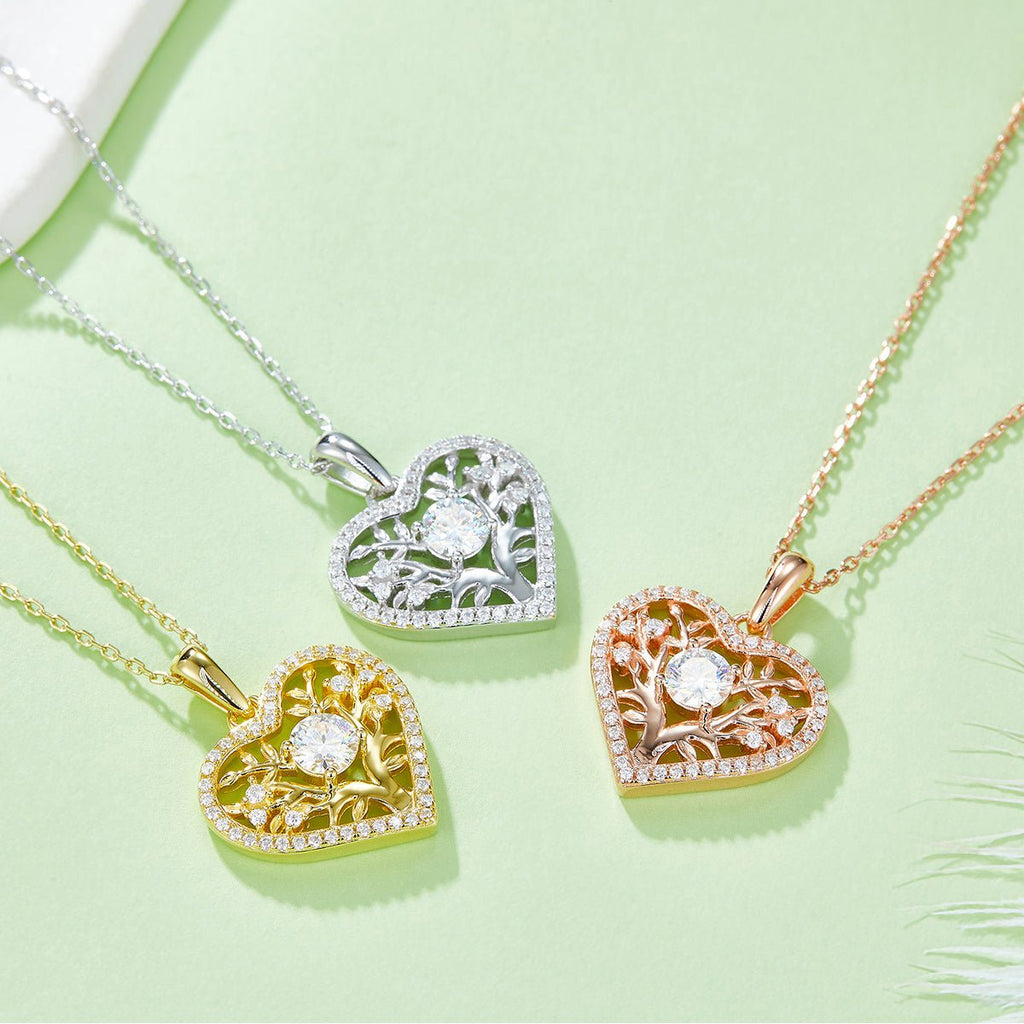 Collier Cœur Arbre de Vie en Argent Sterling S925 4,4g avec Pierre Centrale 5mm Moissanite 42 Pierres Certifié GRA, Plaqué Platine, Coffret Cadeau Romantique - IVOIRART.COM