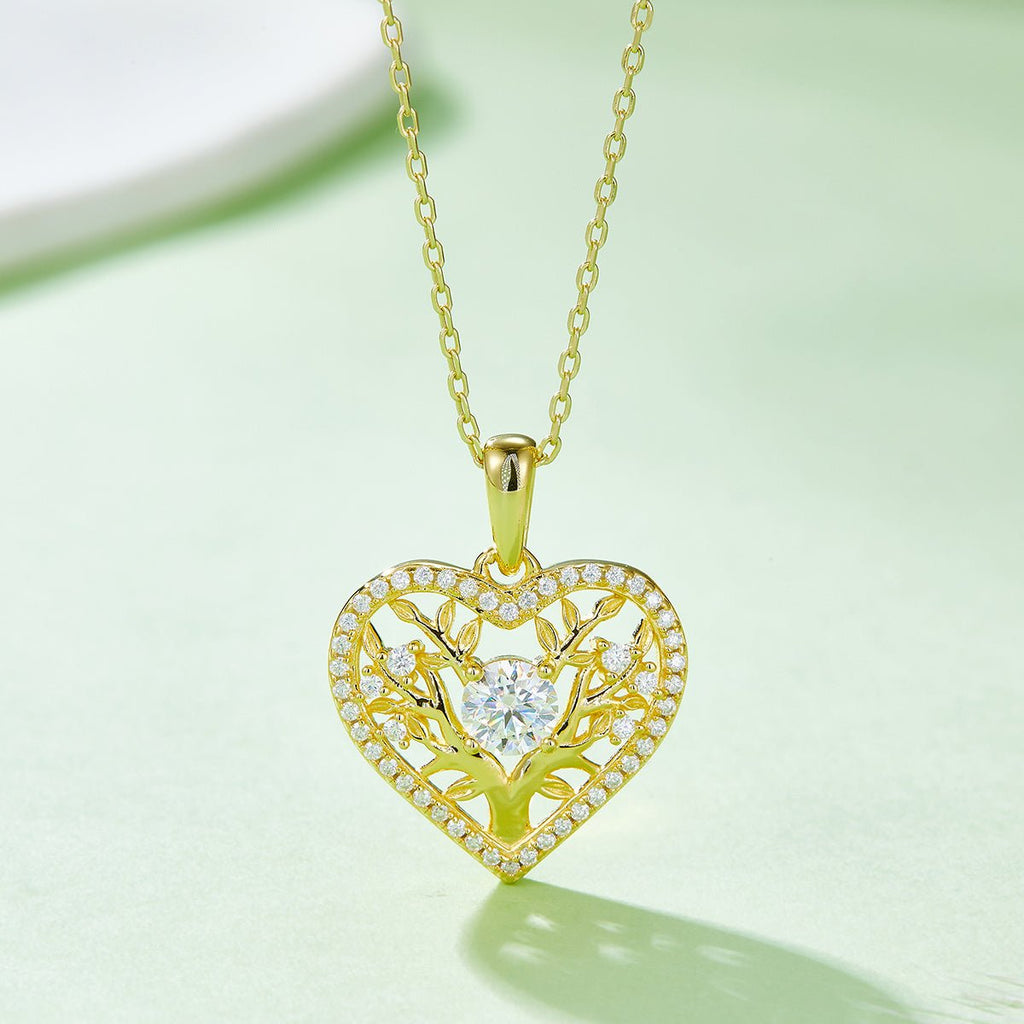 Collier Cœur Arbre de Vie en Argent Sterling S925 4,4g avec Pierre Centrale 5mm Moissanite 42 Pierres Certifié GRA, Plaqué Platine, Coffret Cadeau Romantique - IVOIRART.COM