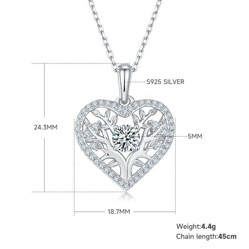 Collier Cœur Arbre de Vie en Argent Sterling S925 4,4g avec Pierre Centrale 5mm Moissanite 42 Pierres Certifié GRA, Plaqué Platine, Coffret Cadeau Romantique - IVOIRART.COM
