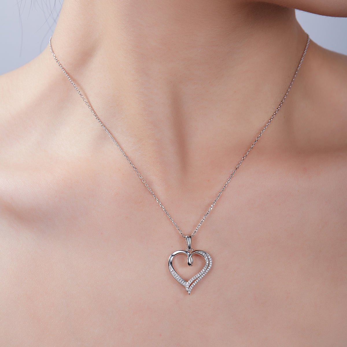 Collier Cœur Asymétrique Argent S925 49 Moissanites 45 cm, Double Rangée - IVOIRART.COM