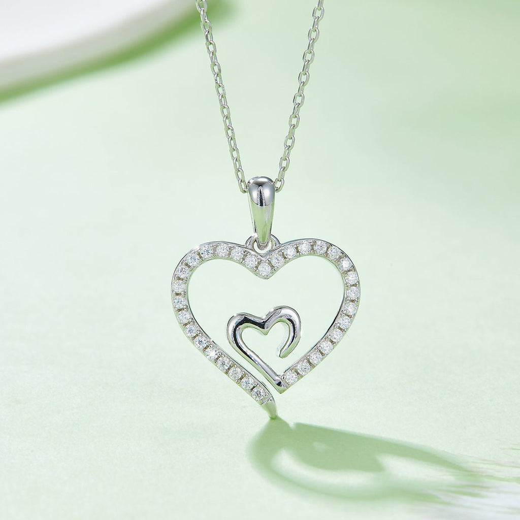 Collier cœur double en argent sterling S925 4,6 g avec moissanite, 45 cm, 32 pierres, plaqué platine, coffret cadeau romantique pour femmes - IVOIRART.COM