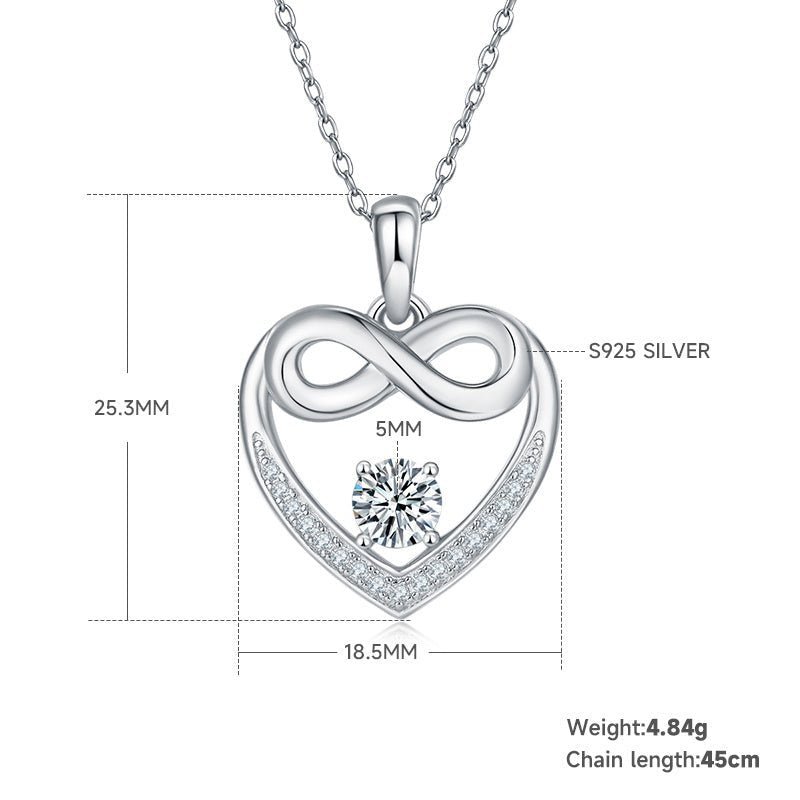 Collier Cœur Infini en Argent Sterling S925 4,8g avec Moissanite 5mm, 45cm, 17 Pierres, Certificat GRA, Plaqué Platine, Coffret Cadeau Luxe Femme - IVOIRART.COM