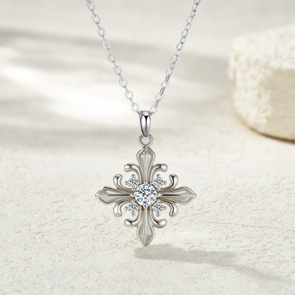 Collier Croix Fleur en Argent Sterling S925 avec Moissanite 0,3 ct D Couleur VVS1, 40 cm, Plaqué Platine, Certifié GRA avec Coffret Cadeau - IVOIRART.COM