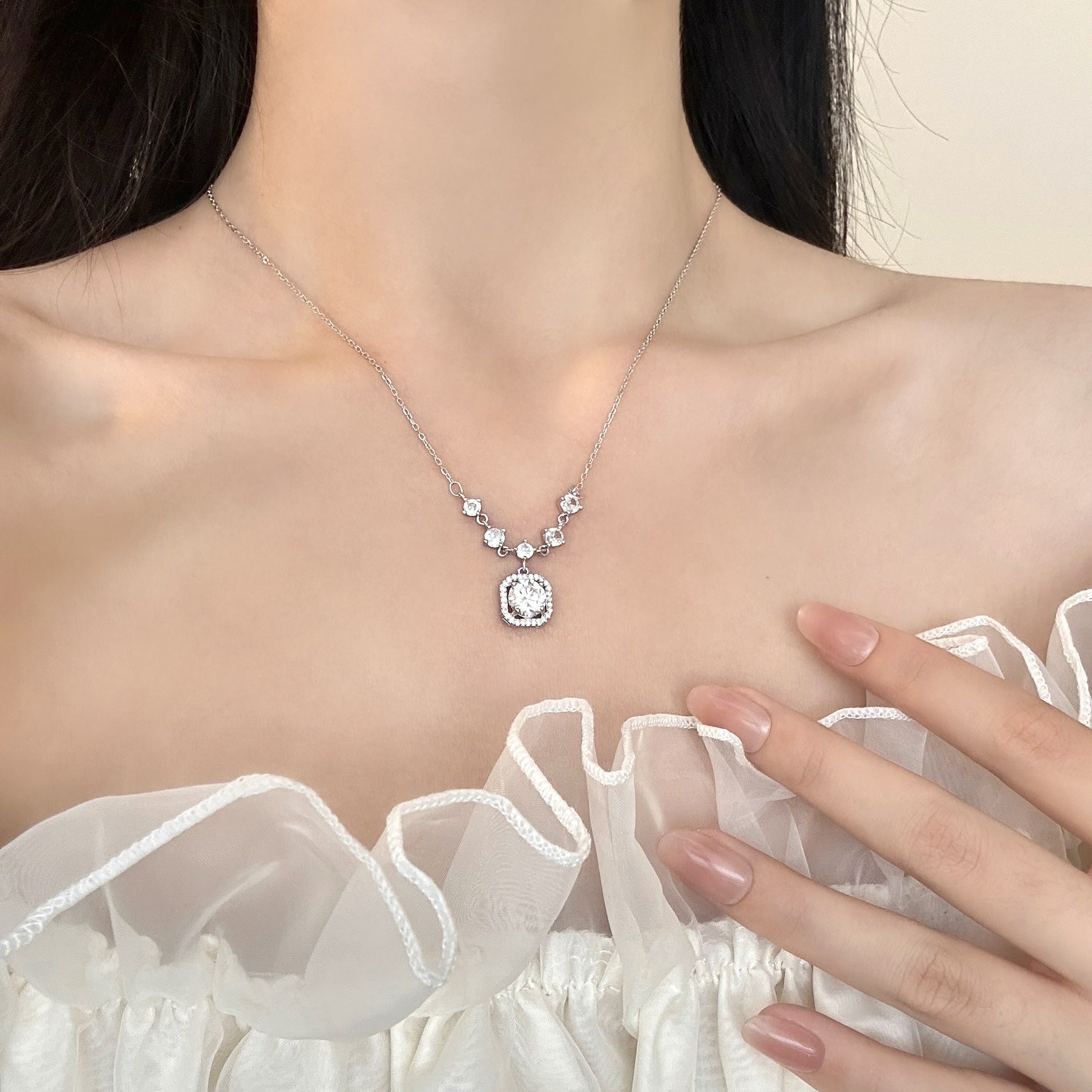 Collier Cube de Sucre en Argent Sterling S999 pour Femme, Chaîne Claviculaire Style Coréen en Zircon, Bijoux de Luxe à la Mode - IVOIRART.COM