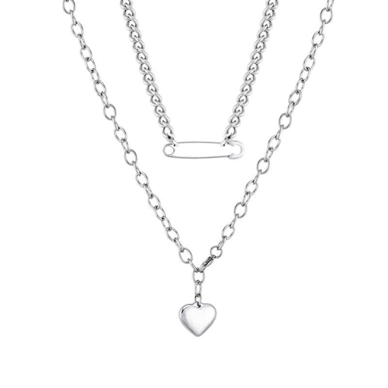 Collier double couche avec épingle cœur et chaîne clavicule forme pêche - IVOIRART.COM