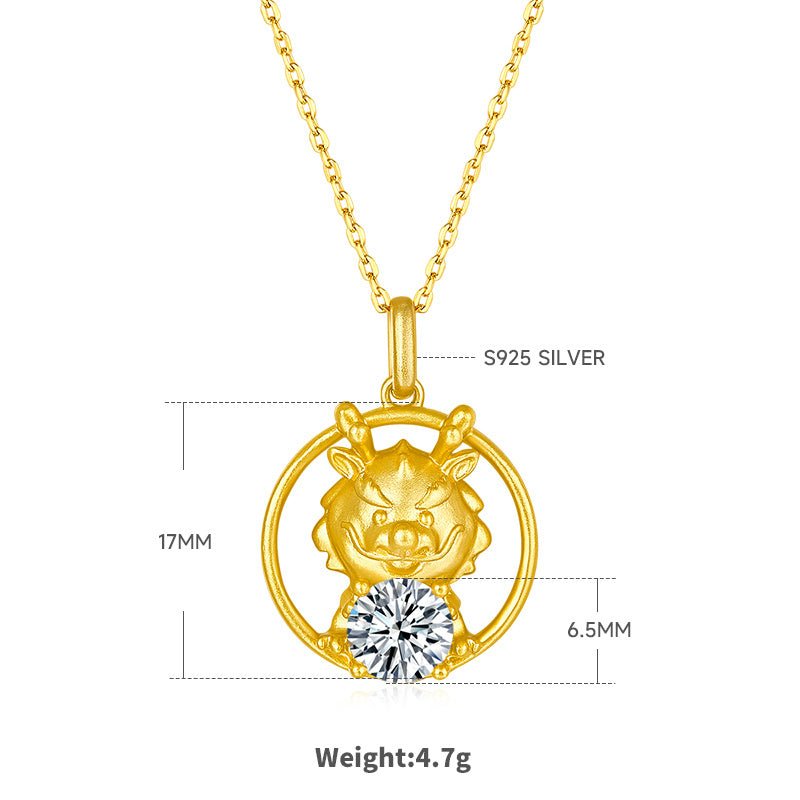 Collier Dragon du Zodiaque Chinois en Argent Sterling S925 Doré, Moissanite 1ct D Couleur VVS1, Poids 4,7g, Coffret Cadeau Certifié GRA - IVOIRART.COM