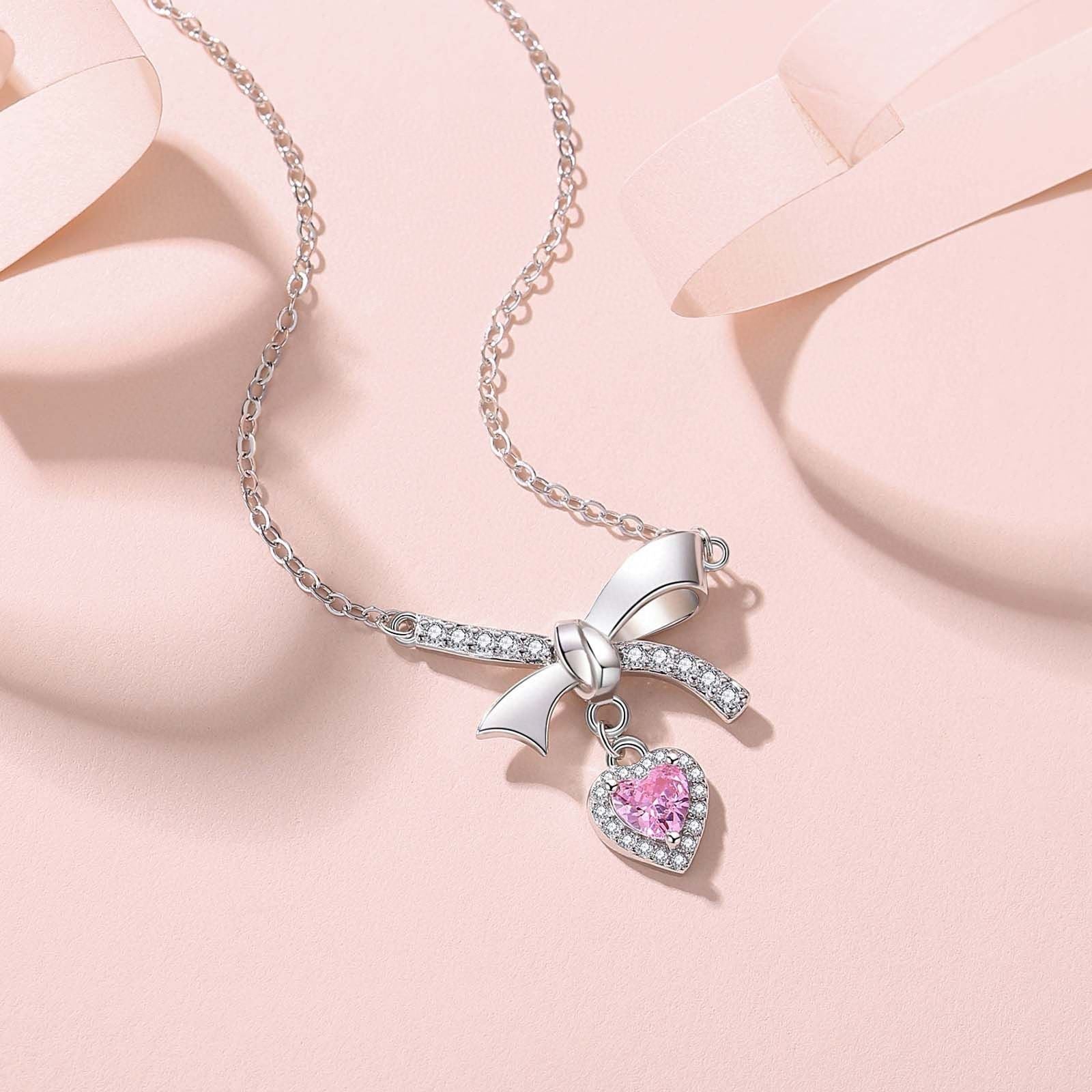Collier en argent sterling 999 nœud papillon et cœur rose, style élégant pour cadeaux de Saint - Valentin et anniversaires - IVOIRART.COM