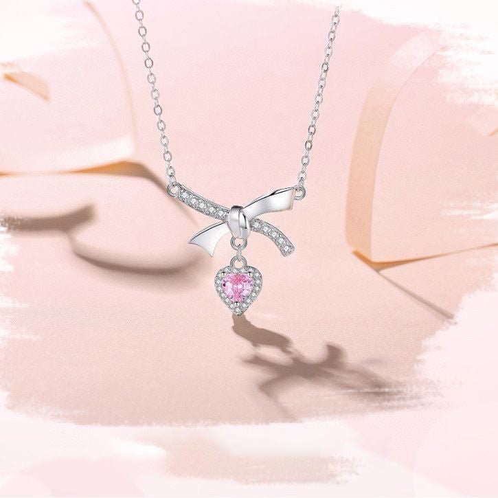 Collier en argent sterling 999 nœud papillon et cœur rose, style élégant pour cadeaux de Saint - Valentin et anniversaires - IVOIRART.COM