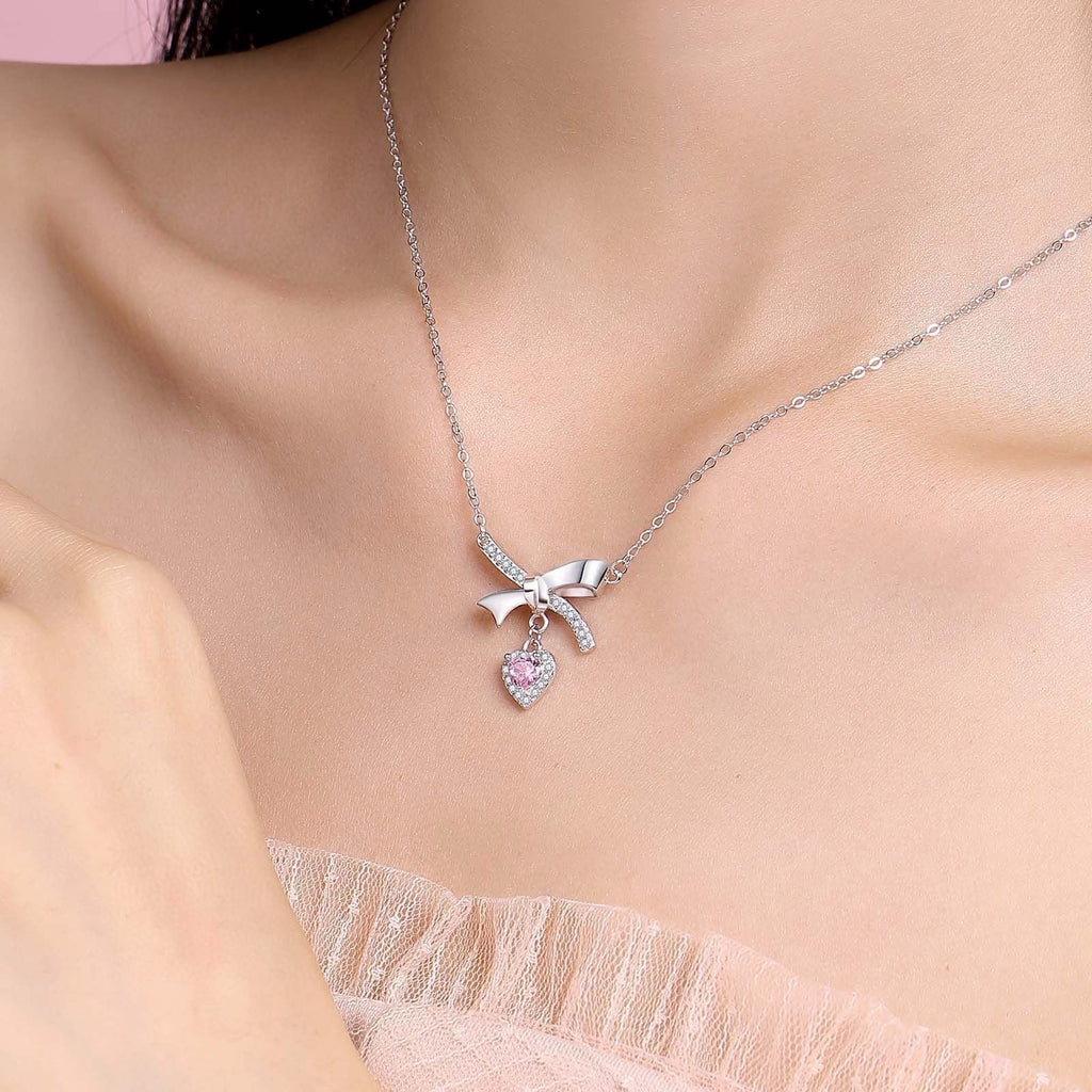Collier en argent sterling 999 nœud papillon et cœur rose, style élégant pour cadeaux de Saint - Valentin et anniversaires - IVOIRART.COM