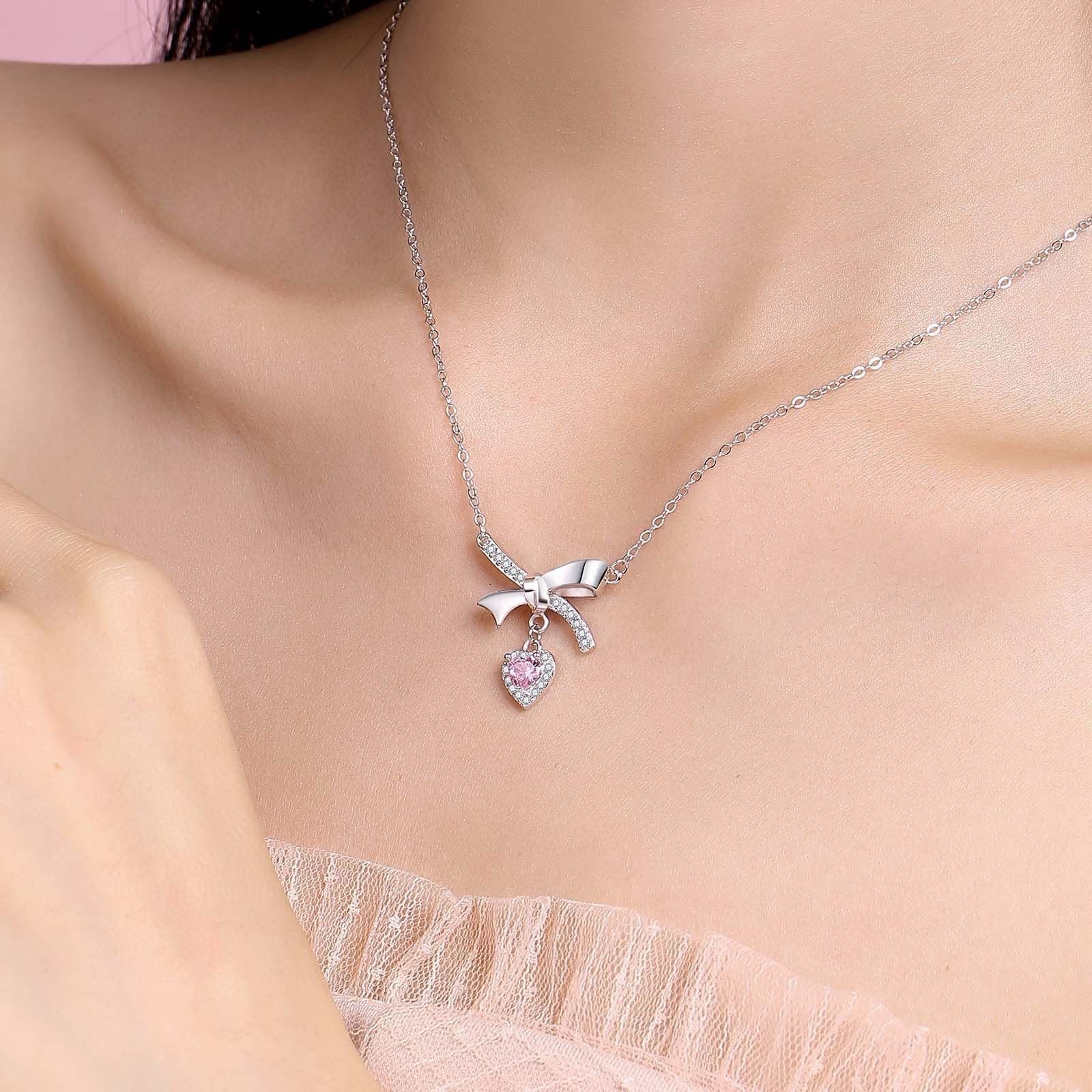 Collier en argent sterling 999 nœud papillon et cœur rose, style élégant pour cadeaux de Saint - Valentin et anniversaires - IVOIRART.COM