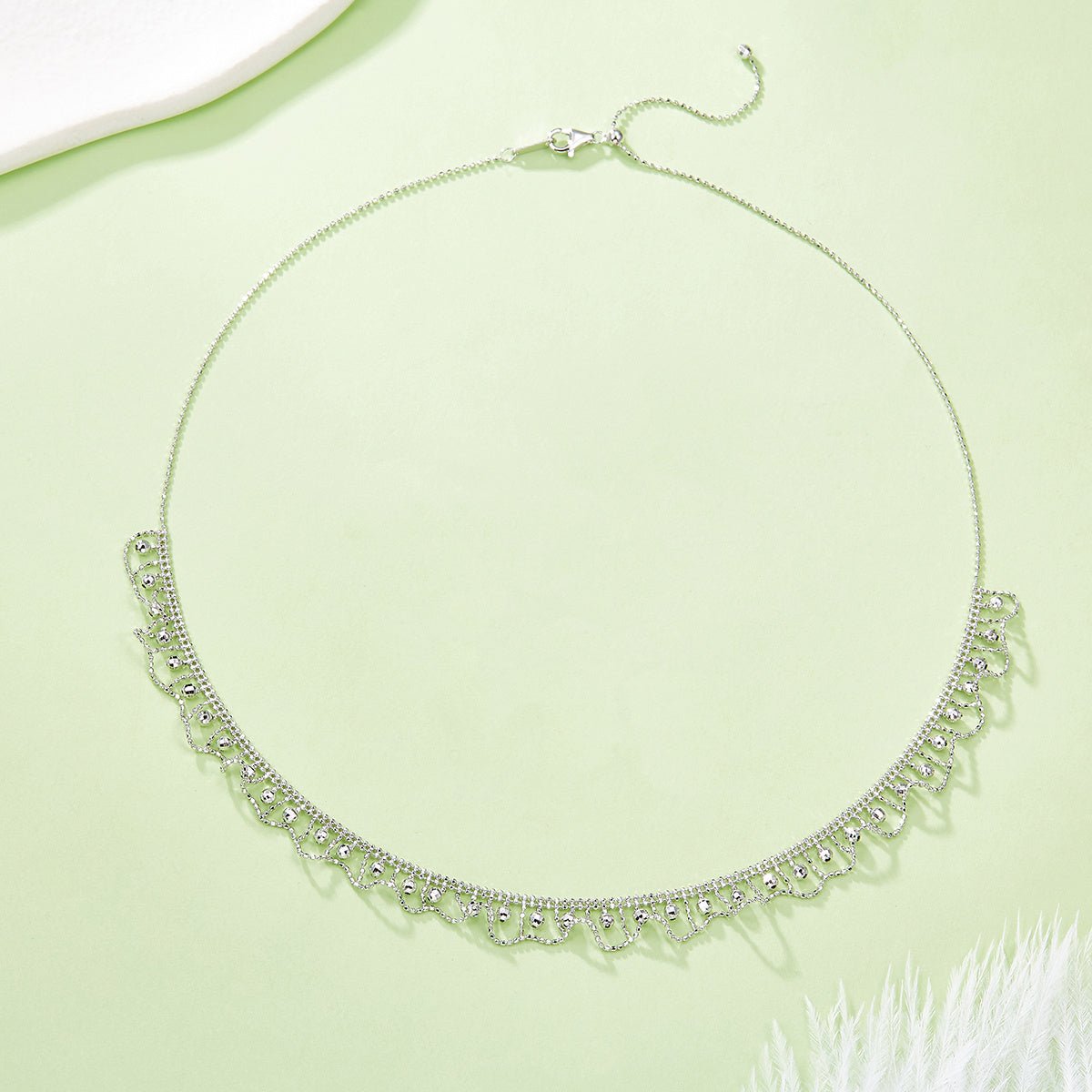 Collier en Argent Sterling S925 à Bordure Festonnée 45 cm Ajustable 9,5 mm Largeur 5,2 g Dorure Platine Or Rose avec Boîte Cadeau - IVOIRART.COM